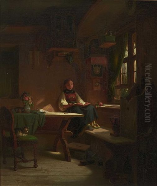 Lesendes Bauernmadchen In Der Stube Oil Painting by Johann Baptist Kirner