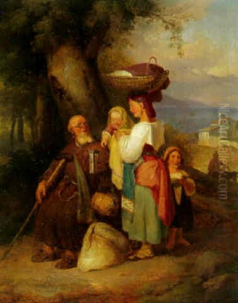 Almosen Sammelnder Monch Oil Painting by Johann Baptist Kirner