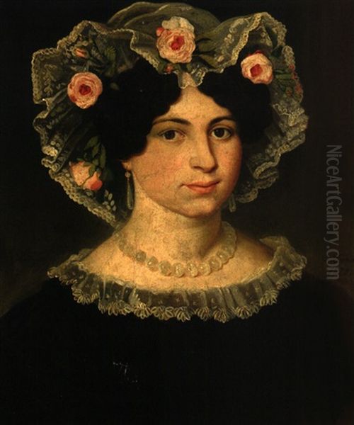 Portrait Einer Jungen Frau Mit Perlenkette, Spitzenhaube Mit Rosenbluten Und Schwarzen Kleid Oil Painting by Lukas Kirner