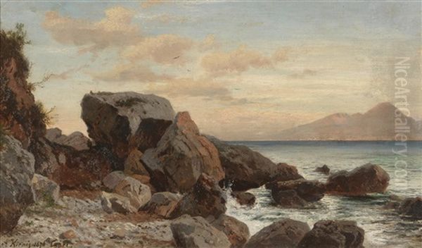 Rocky Coastline On Capri With View Of Vesuvius Oil Painting by Alois Kirnig