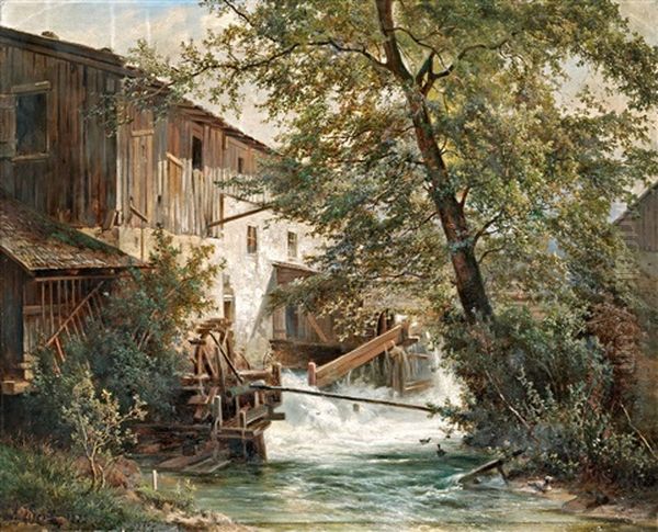 Watermill Oil Painting by Alois Kirnig