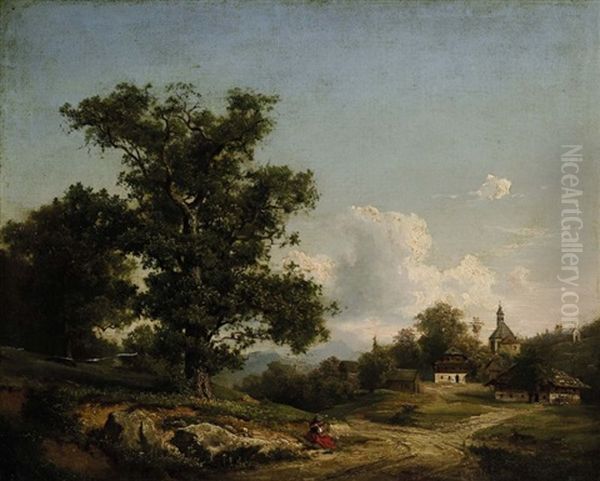 Landschaft Mit Kleinem Dorf Und Rastender Bauerin by Alois Kirnig