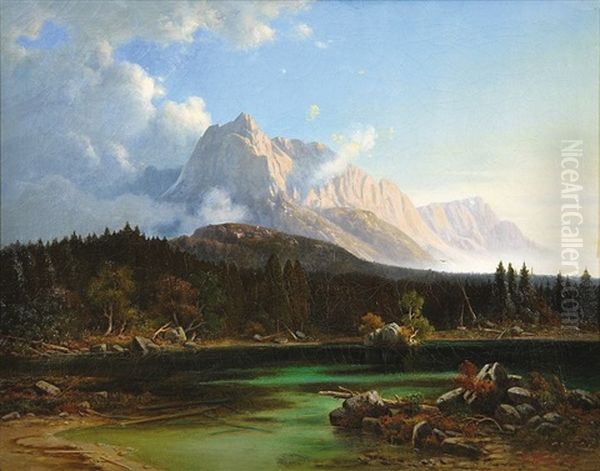 Alpska Krajina S Jezerem Oil Painting by Alois Kirnig