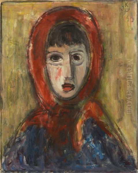 Portrait De Femme Au Foulard Rouge Oil Painting by Jecheskel David Kirschenbaum