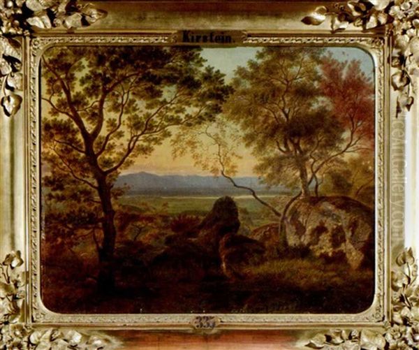 Blick Durch Zwei Baume Auf Eine Weite Vorgebirgslandschaft Im Licht Der Abendsonne Oil Painting by Adolf Kirstein