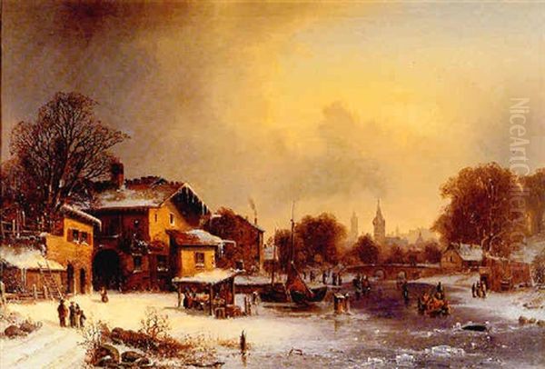 Figures On A Frozen River Before A Town Oil Painting by Adolf Kirstein