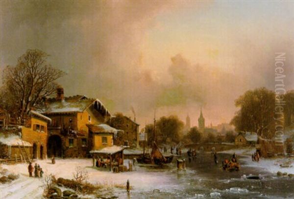 Eisvergnugen Vor Einer Stadt Im Schein Der Abendsonne Oil Painting by Adolf Kirstein