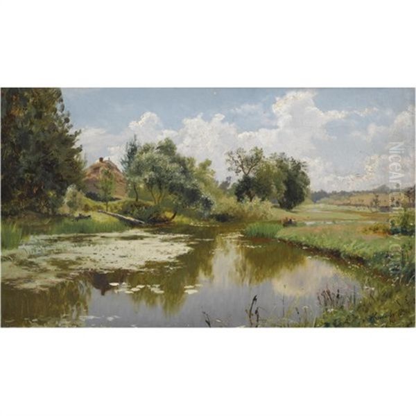 River Landscape Oil Painting by Aleksandr Aleksandrovich Kiselev