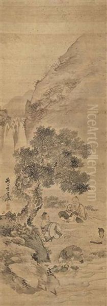 Sage Seated Under A Tree With Mountains And A Waterfall Behind Them Oil Painting by Gantai Kishi