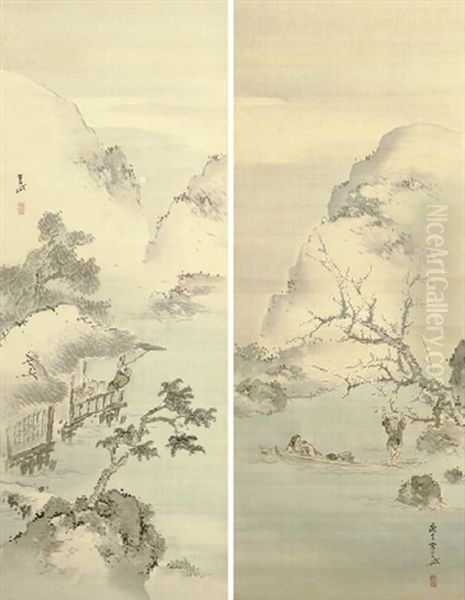 Chinese Scholars' Amusements In Spring And Autumn (pair) Oil Painting by Gantai Kishi