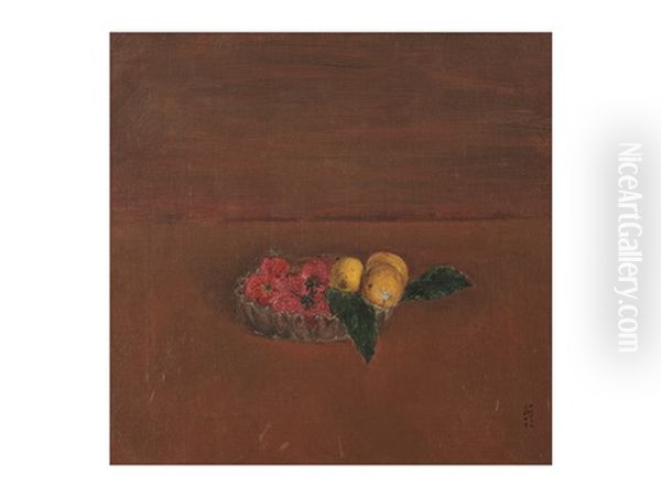 Still Life Of Loquat, Strawberry And Geumann Dish Oil Painting by Ryusei Kishida