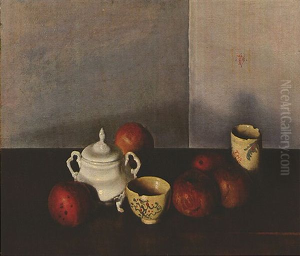 Still Life (sugar, Leach's Bowl And Teacup, Apples) Oil Painting by Ryusei Kishida