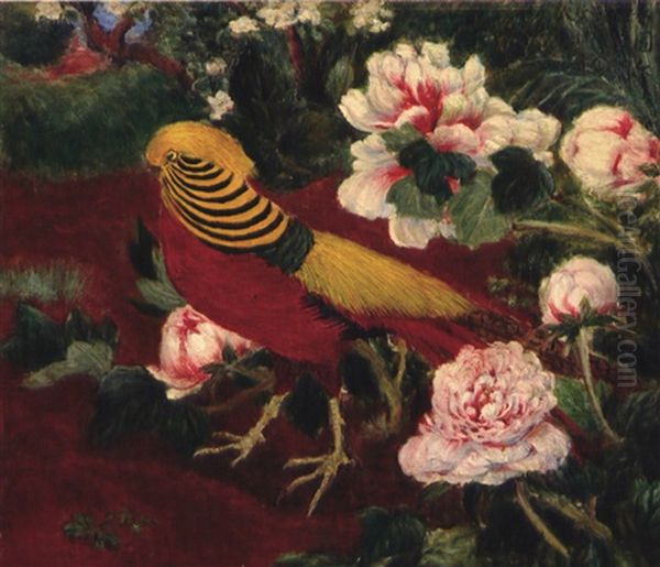 Spring Garden And Golden Pheasant Oil Painting by Ryusei Kishida