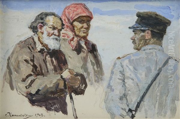 Conversation With The Village Policeman, 1903 Oil Painting by Solomon Yakovlevich Kishinevsky