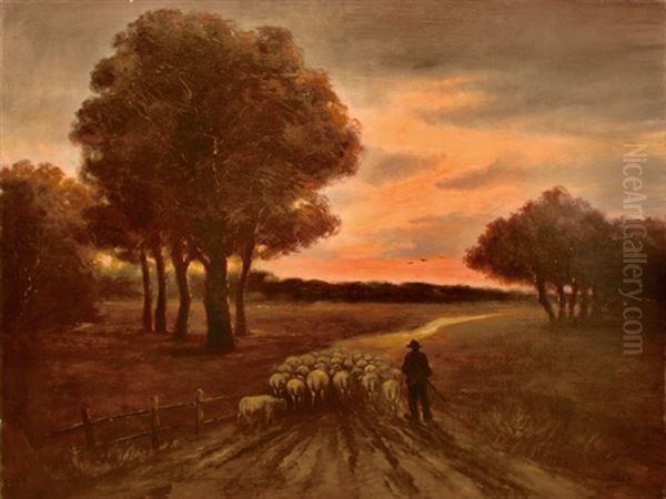 A Shephered With A Herd Of Sheep At Sunset Oil Painting by Jozsef Kiss