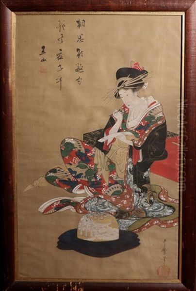 Rare Ukiyo-e Painting On Silk Signed By Litagawa Utamaro - Albert Gallatin Estate Oil Painting by Utamaro Kitagawa