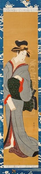 A Standing Lady Oil Painting by Utamaro Kitagawa