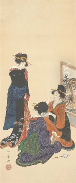 Three Beauties Oil Painting by Utamaro Kitagawa