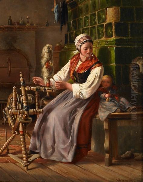 Mutter Mit Kind Am Spinnrad Vor Demkachelofen Oil Painting by Hermann Bayer