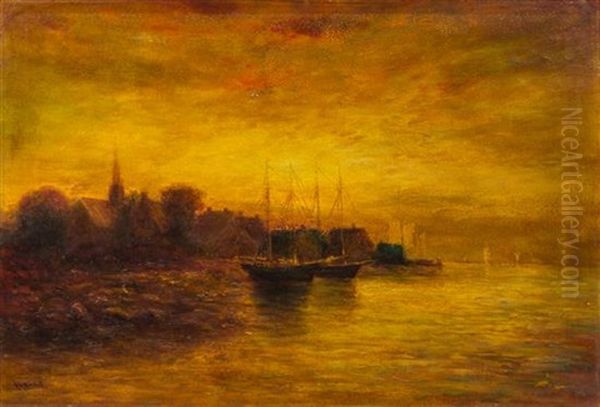 Ships At Dock Oil Painting by Hudson Mindell Kitchell