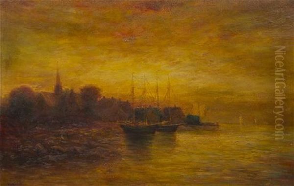 Ships At Dock Oil Painting by Hudson Mindell Kitchell