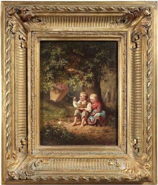 Woods Inside With Two Children. Oil/canvas/cardboard, Signed And Dated 