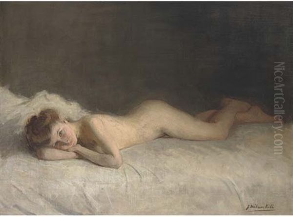 A Young Girl On A Bed Oil Painting by Joseph Milner Kite