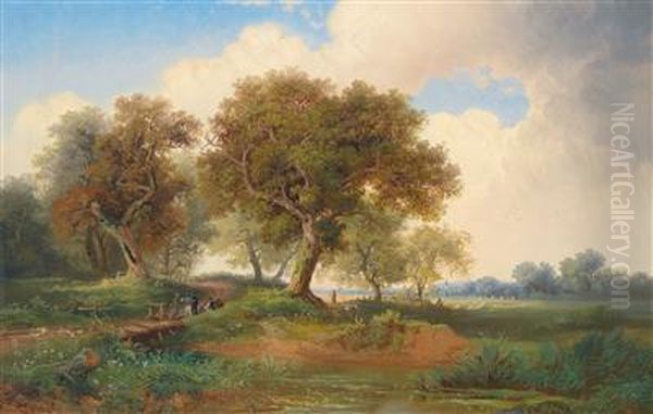 Open Landscape With Walkers And Flock Of Sheep In Thebackground Oil Painting by Julius Bayer