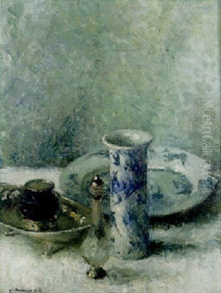 Still Life With Blue And White Vase And Plate Oil Painting by Joseph Milner Kite