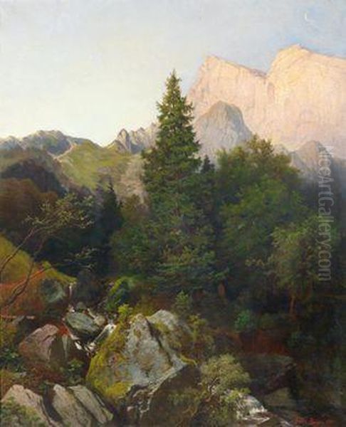 Aus Dem Unteren Rossitten-thale Am Untersberg Fruhmorgen Oil Painting by Julius Bayer