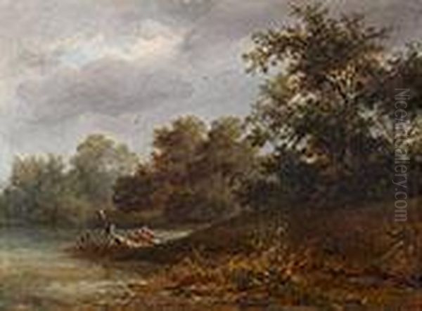 Kleine Flusslandschaft Mit Zwei Fischern Und Ihrem Boot Oil Painting by Julius Bayer