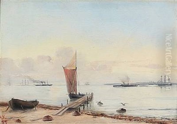 Coastal Scene On A Quiet Summer Day Oil Painting by Johann Adolf Kittendorf