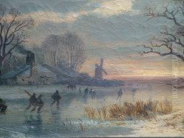 Figures On A Frozen Winter River Landscape Oil Painting by Julius Bayer