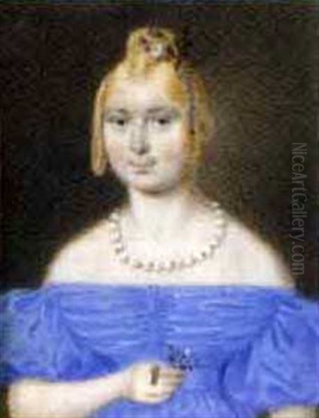 A Young Lady, In Off The Shoulder Blue Dress, Necklace, Flowers In Her Fair Hair Oil Painting by Patrizius Kittner