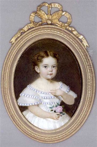 A Child Holding A Pink Rose In Her Right Hand, In Lace-bordered White Dress With Blue And White Striped Braiding, Fair Hair Centre-parted Oil Painting by Patrizius Kittner