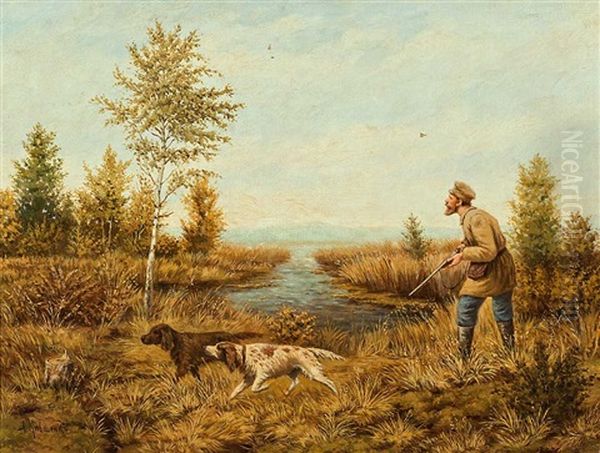 Jager Begleitet Von Zwei Hunden In Weiter Russischer Moorlandschaft Oil Painting by Aleksei Danilovich Kivshenko