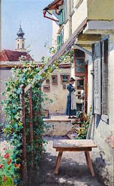 A Yard (lindau) Oil Painting by Aleksei Danilovich Kivshenko