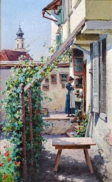 A Yard (lindau) Oil Painting by Aleksei Danilovich Kivshenko