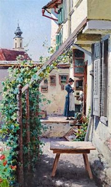 A Backyard (lindau) Oil Painting by Aleksei Danilovich Kivshenko