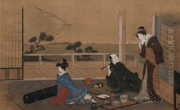 Zwei Damen Und Ein Herr Auf Einer Veranda Mit Blick Auf Einen See Und Kiefern Oil Painting by Torii Kiyonaga