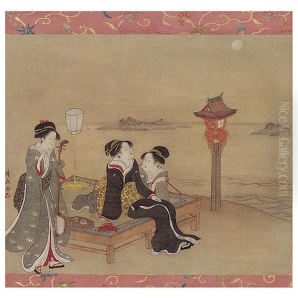 Masaki No Tsukimi Zu - Moon Viewing In Masaki Oil Painting by Torii Kiyonaga