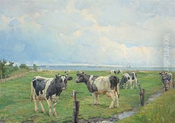 Grazing Cows Near A Coast Oil Painting by Harold Kjaer