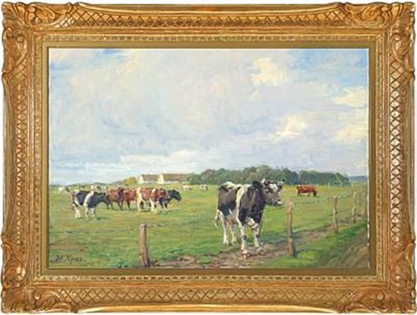 Grazing Cows On The Meadow Oil Painting by Harold Kjaer