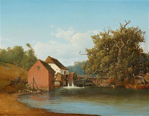 Water Mill In Silkeborg Oil Painting by Anton Edvard Kjeldrup