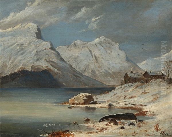 A Fiord Landscape With Snow-covered Mountains Oil Painting by Anton Edvard Kjeldrup