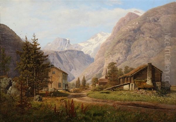 View From A Norwegian Mountain Village In Telemark Oil Painting by Anton Edvard Kjeldrup