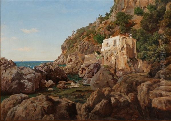 Southern Coastal Scenery With A Villa Oil Painting by Anton Edvard Kjeldrup