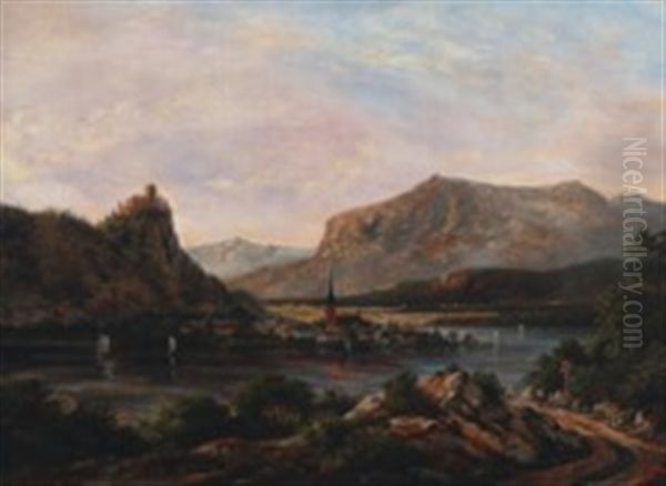 Riverscape With Castle At The Summit Oil Painting by Anton Edvard Kjeldrup