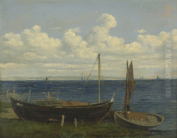 Fischerboote An Land Vor Hven Im Oresund Oil Painting by Anton Edvard Kjeldrup