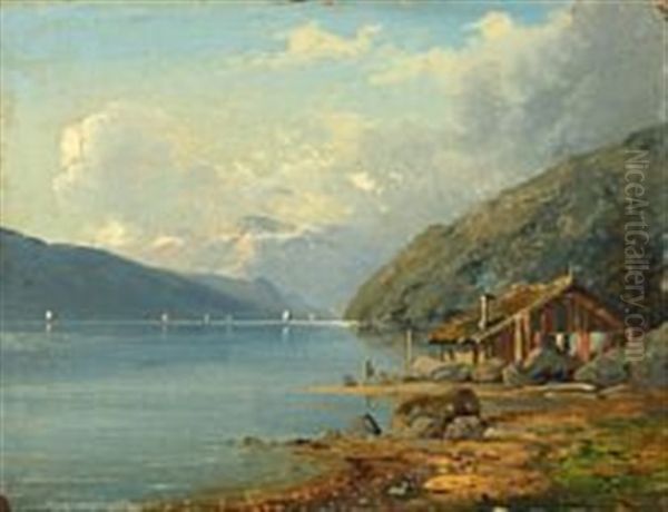 Small Cabin At A Lake In Germany Oil Painting by Anton Edvard Kjeldrup